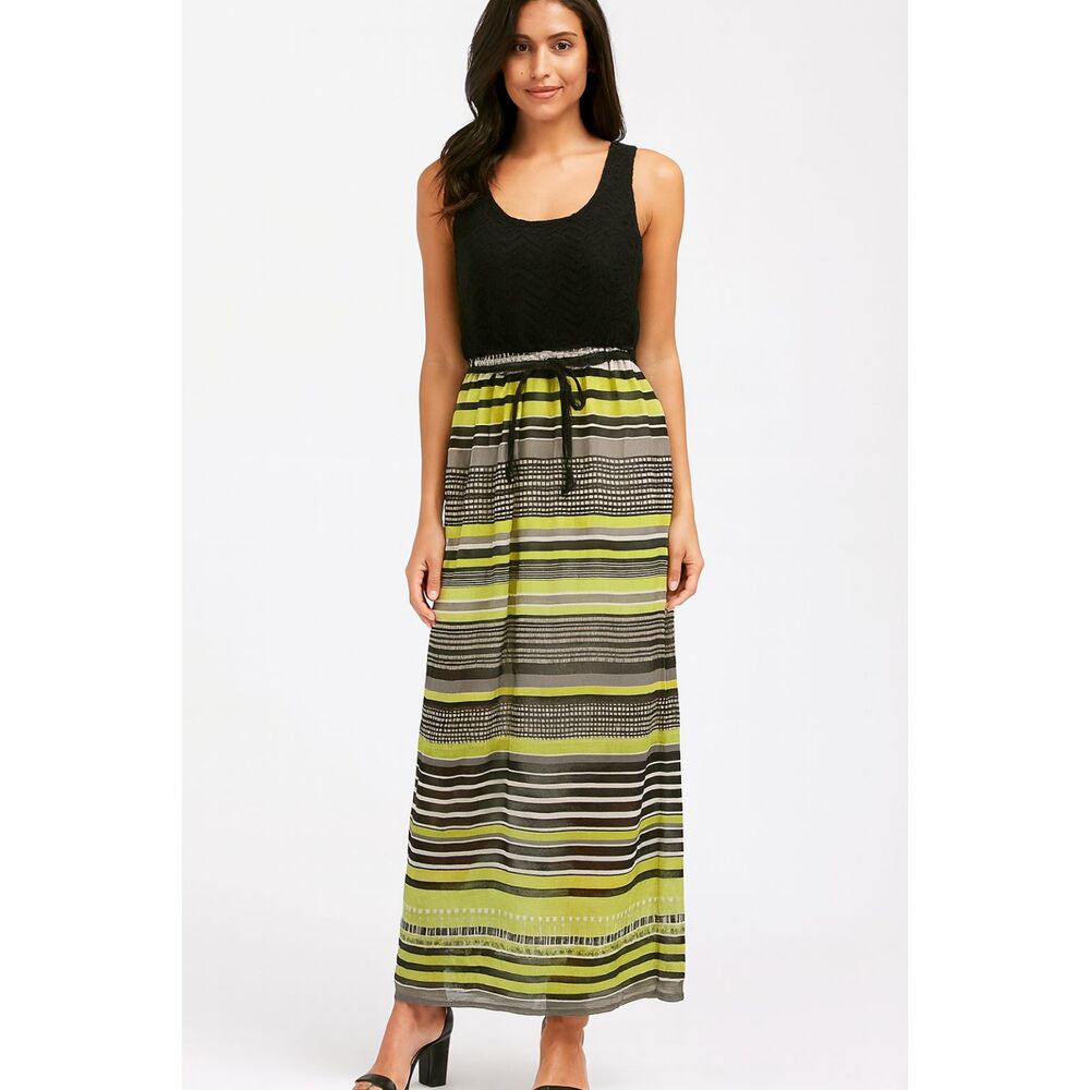AUW Maxi Dress Green Black Size Large Crochet Knit Top Vacation Resort Cruise